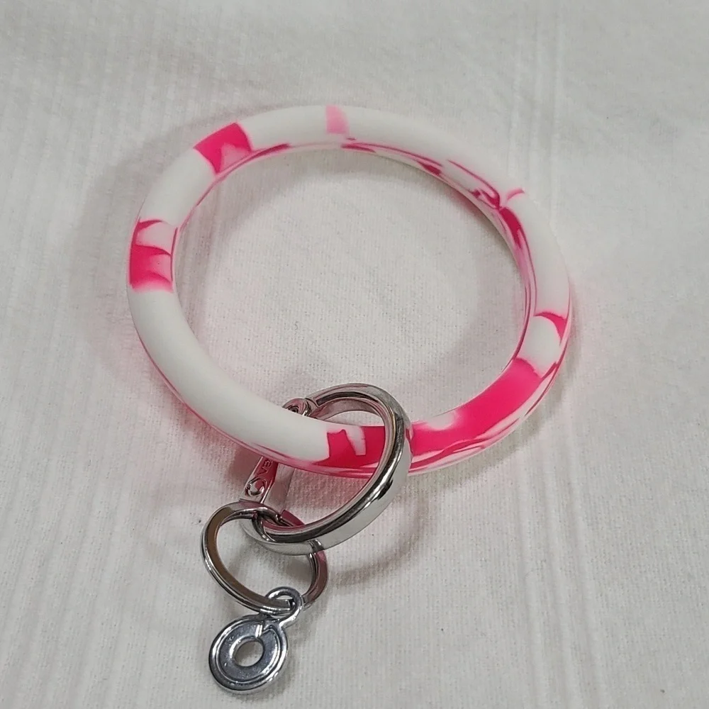 O Venture Key Ring Bracelet Wristlet Silicone? Pink/White Swirl EUC